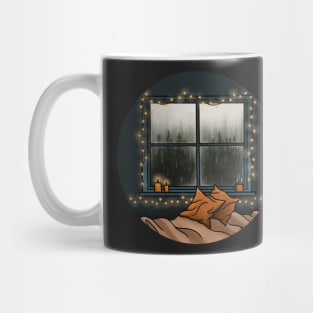 Rainy Day with Fairy Lights Cosy Autumn Scene Illustration Mug